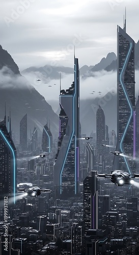 Advanced metropolitan area showcases futuristic high-rise architecture amidst misty mountain backdrop