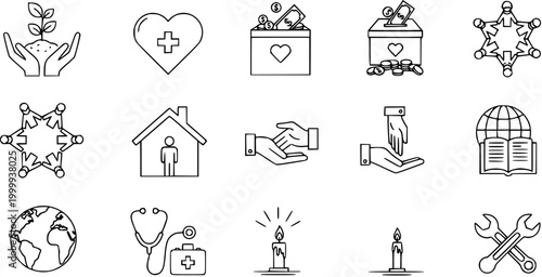 Tableau sur toile Outline Icon Set for Charity, Social Issues, Philanthropy, Healthcare  Environment