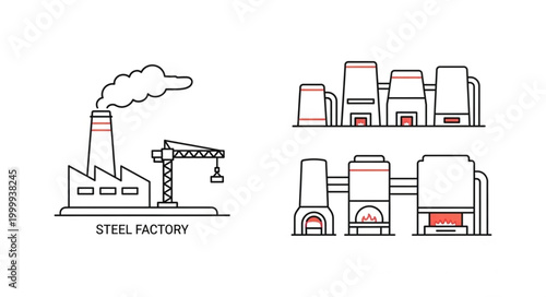 Industrial Steel Factory and Manufacturing Plant Equipment Line Art.