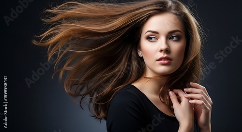 Beautiful young woman with flowing light brown hair against a dark background