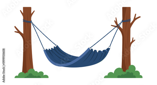 Blue hammock hanging between two trees, representing relaxation and outdoor leisure. Flat style vector illustration for recreation design.