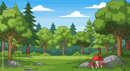 Cartoon forest landscape with green trees, grass, and mushrooms. Wilderness area nature illustration with blue sky and clouds