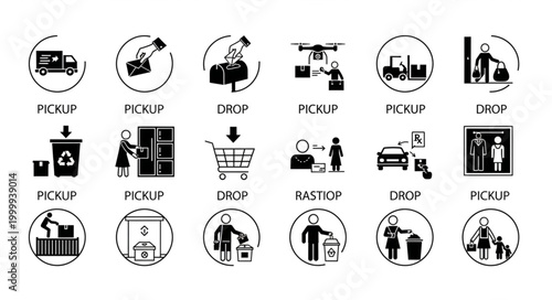 Collection of Icons Representing Pickup and Drop Off Services.