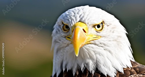 Majestic bald eagle perched against a blurred natural backdrop, showcasing its striking features