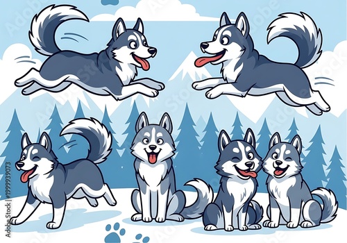 Multiple joyful cartoon sled dogs interact in a snowy, forested outdoor setting