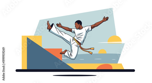 Man performing a capoeira kick. Combat sport, martial art, dance, and acrobatics dynamic concept. Vector illustration for web, poster, banner
