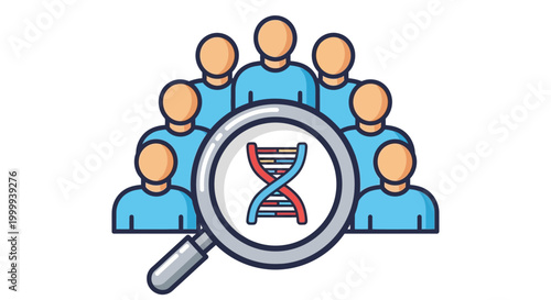Genetic Research with a Crowd Behind a Magnifying Glass Icon