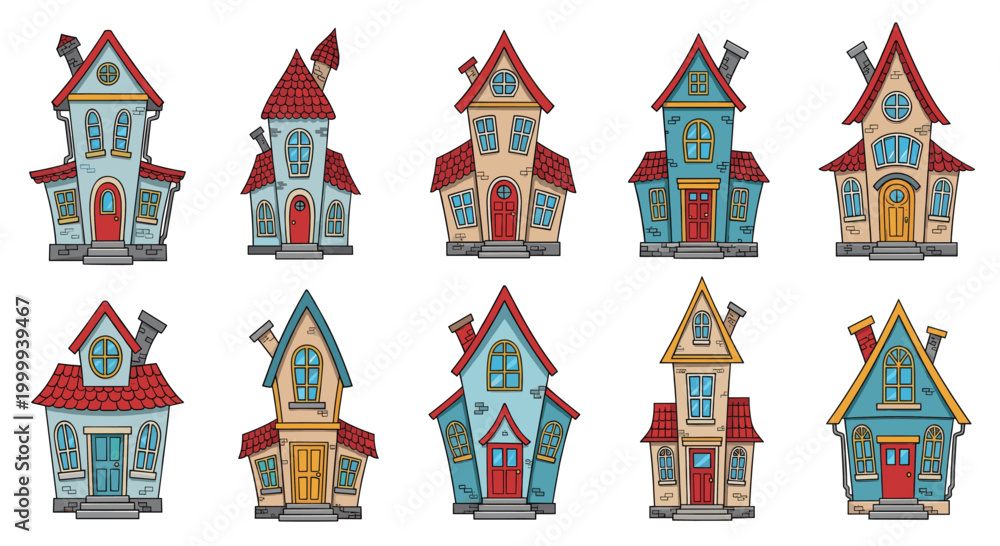Fototapeta premium Set of creepy haunted house building in cartoon style for Halloween theme. Scary spooky mansion facade decor element. Vector illustration for design