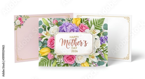 Elegant Mother's Day greeting card template with realistic flower bouquet.
