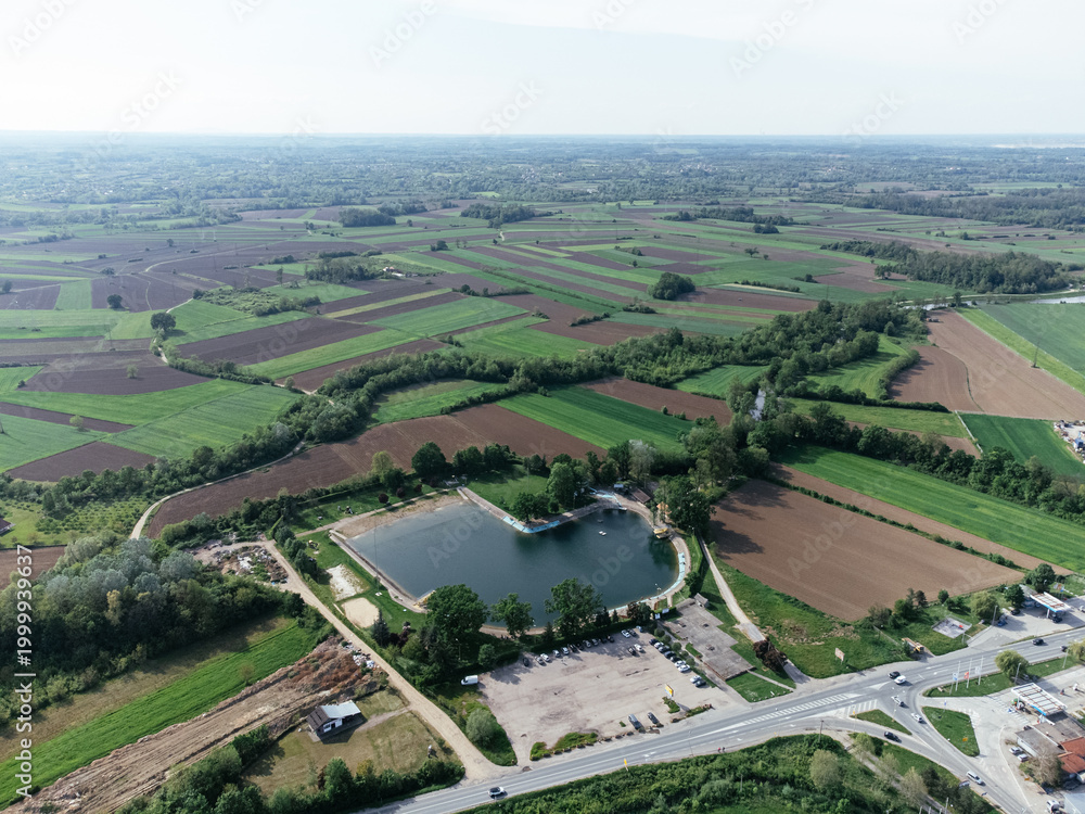 Fototapeta premium Lazarevac, Kolubara district of Serbia. Drone view of the city on a sunny day.