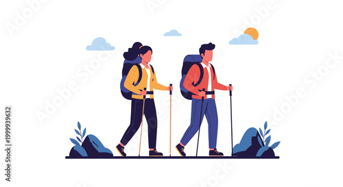 Woman and man backpackers trekking with mountain sticks. Nature exploration hiking adventure. Flat vector illustration for tourism travel journey design