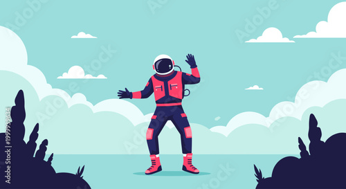 Spaceman floating in outer space or on a planet with a cloudy sky. Astronomy and exploration concept. Vector illustration for design, banner