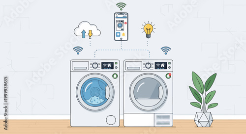 Smart home laundry system concept with washing machine and dryer, controlled remotely via smartphone app. Wireless technology and network. Vector illustration for banner