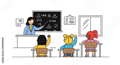 Woman teacher in classroom with children raising hands. Back to school concept. Education and learning. Modern flat line vector illustration