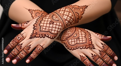 Intricate reddish brown temporary body art adorns two crossed human hands