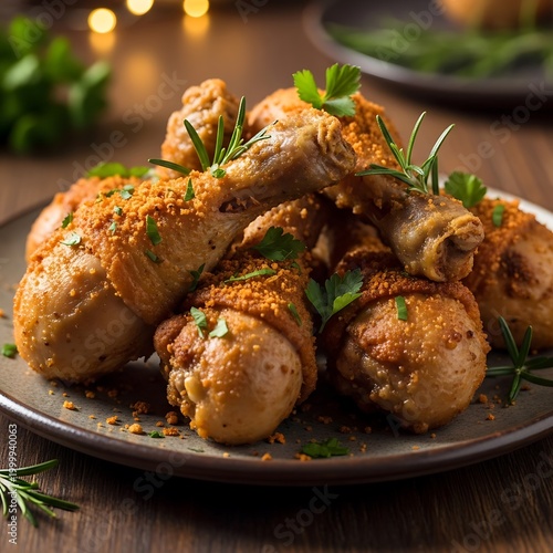 Stack of baked poultry legs garnished with breadcrumbs and fresh herbs rests on a ceramic plate
