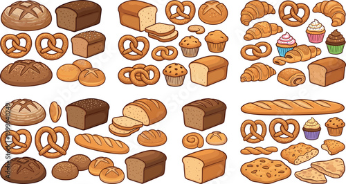A Large Collection Of Various Cartoon Bakery Products Including Bread Loaves Pretzels And Pastries On White