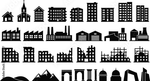 Building silhouette icon set, city skyline landmarks factories ruins monuments collection, black vector architecture symbols for design