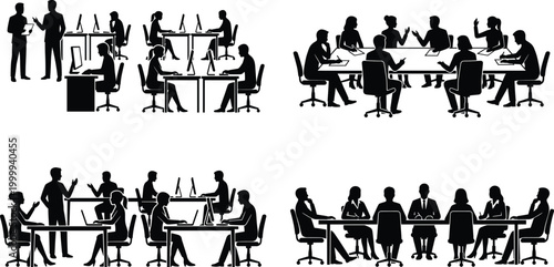 Business meeting silhouettes set, office teamwork discussion conference black vector isolated corporate workplace people illustration collection