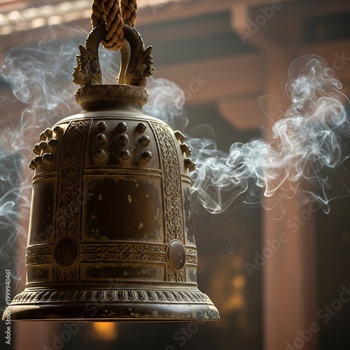 Heavily ornamented bronze bell hangs amidst curling wisps of smoke within a traditional structure