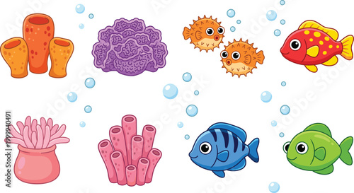 Cartoon underwater sea life set, colorful fish coral bubbles aquarium marine animals vector collection illustration design