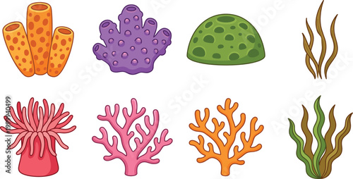 Cartoon sea coral reef elements set with sponge algae anemone underwater marine vector illustration collection tropical