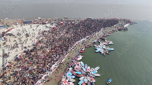 Aerial View of Maha Kumbh Mela Crowd at Sangam in Prayagraj India