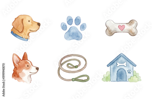 Watercolor Dog Icons Set with Paw Print Bone Leash and Doghouse