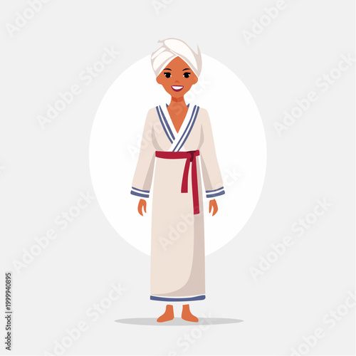 Woman in bathrobe and towel, spa and wellness concept