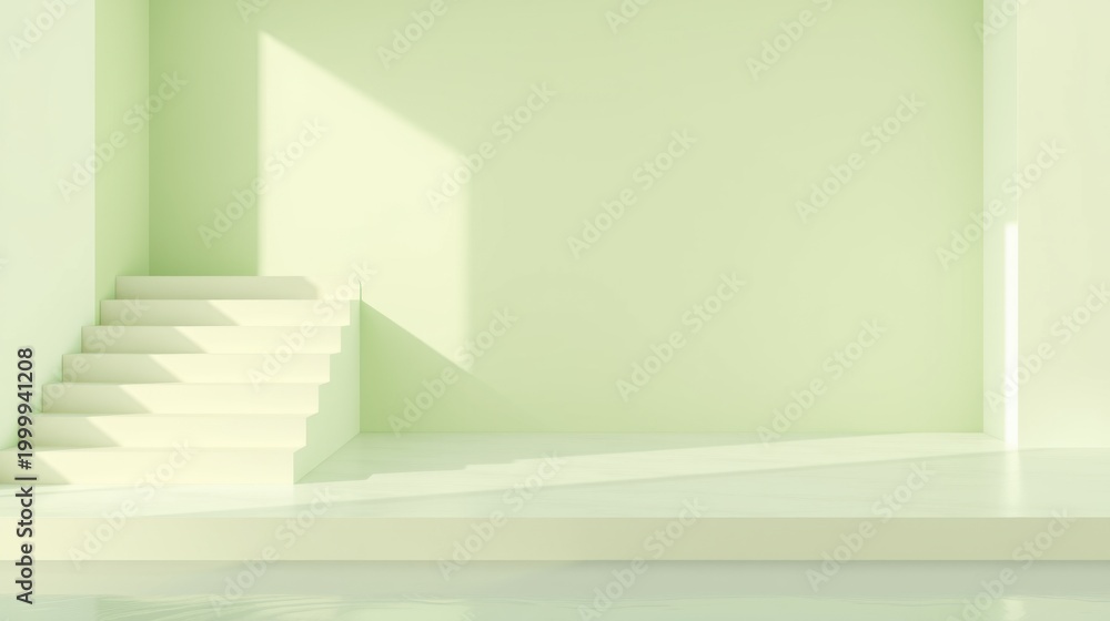 Obraz premium Minimalist interior. Soft pastel colors, geometric shapes, light creates shadows. Clean lines define space, simple staircase present.