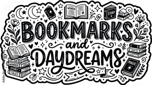 Doodle style vector design of bookmarks and daydreams featuring books and magic