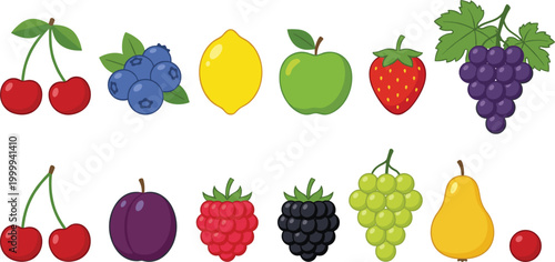 Colorful fruit vector icon set featuring cherry blueberry lemon apple strawberry grape raspberry plum pear blackberry.