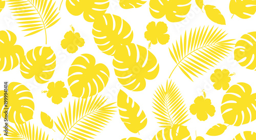 Tropical yellow palm leaves, monstera, and hibiscus floral pattern, seamless background