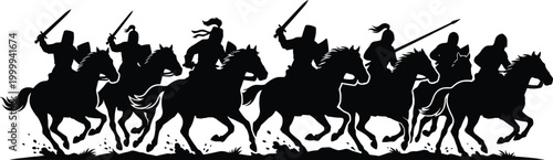 Medieval cavalry warriors charging on horseback, black silhouette army with swords, dynamic battle scene illustration for stock design art concept