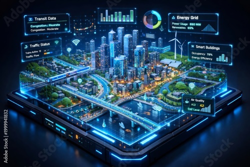 A futuristic city model with smart technology features. It includes skyscrapers, green spaces, and digital data displays for energy and transit management.