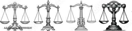 Vintage ornate scales of justice law legal system icons set featuring black white hand drawn engraved balance symbol for court judge lawyer attorney illustration isolated white background
