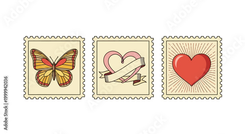 Vintage Style Postage Stamp Hearts Butterfly.