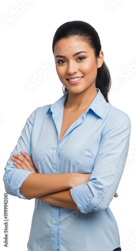 Smiling woman wearing blue denim shirt holding arms crossed isolated on transparent background,png,Png,