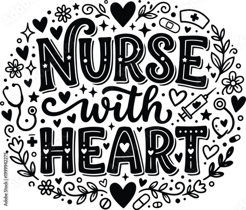 Nurse with heart circular doodle vector art with stethoscope syringe and bandage icons