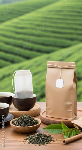 Various forms of prepared tea product displayed before lush green cultivation fields