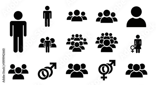 Collection of diverse people icons representing individuals and groups, male and female symbols