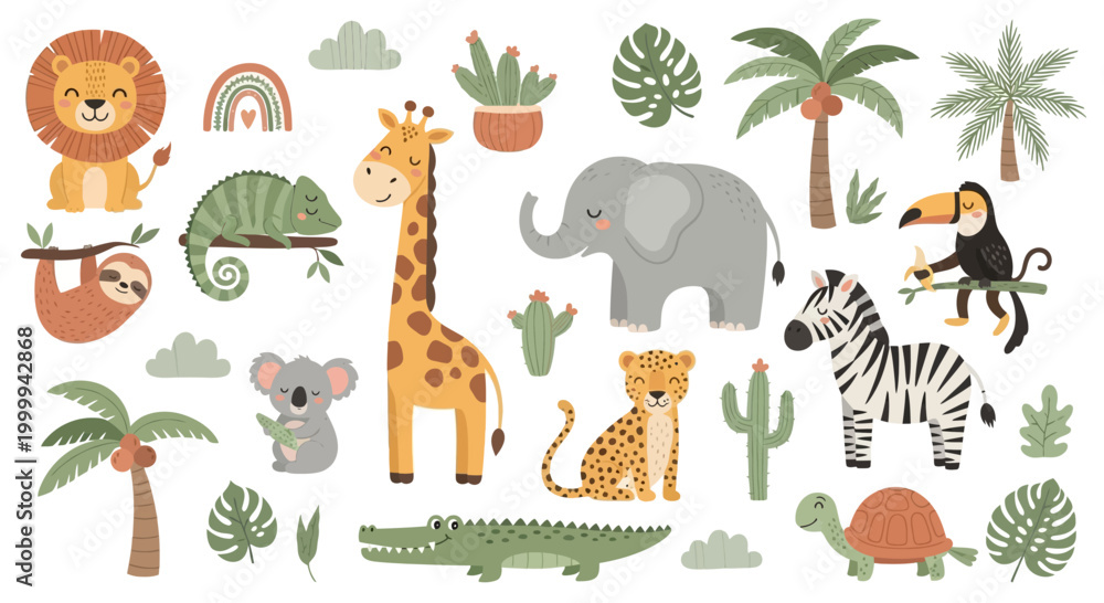 Fototapeta premium Set of cute wild safari animals and tropical plants illustrations.