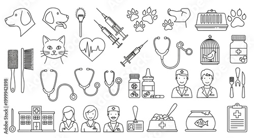Set of veterinary and pet care doodle icons.