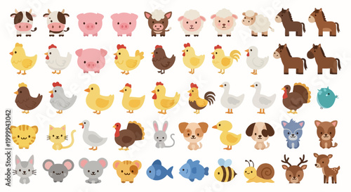 Set of cute cartoon farm animals and wildlife characters.