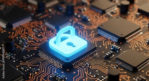 Glowing digital padlock icon illuminates central processing component on a complex electronic circuit board