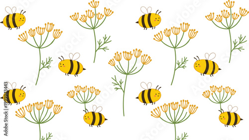 Cute cartoon honey bees flying around yellow wildflower plants nature spring summer garden pattern bumblebee meadow botanical floral background insect pollination organic honey production vector