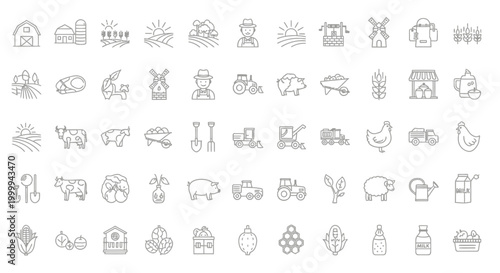 Set of sixty thin line farm and agriculture icons.