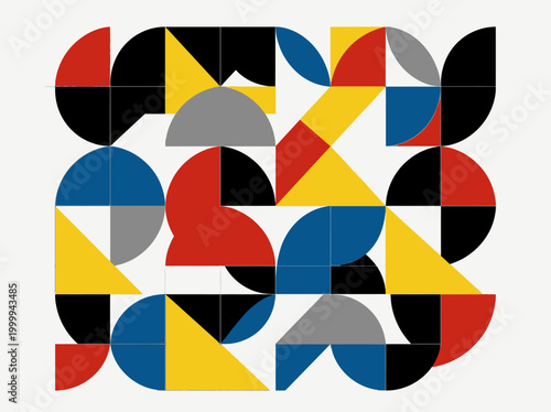 Tableau sur toile Abstract Bauhaus Geometric Pattern with Primary Colors and Grid Composition