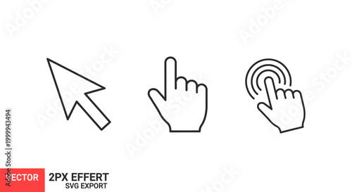 Cursor icons: arrow, hand pointer, and touch click. Vector graphics on white background.