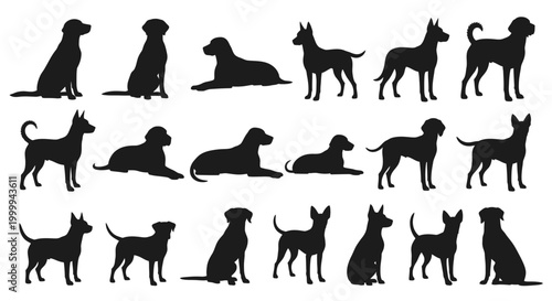 Set of black silhouettes of different dog breeds in various poses.